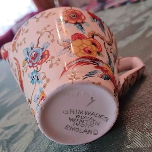 Grimwades England Royal Winton Ivory Norman Exotic Birds 1930s Creamer & Saucer - Picture 10 of 10